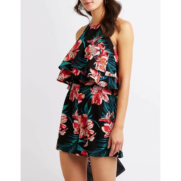 Charlotte Russe Black Floral Halter Romper - Women's Medium - Picture 1 of 5